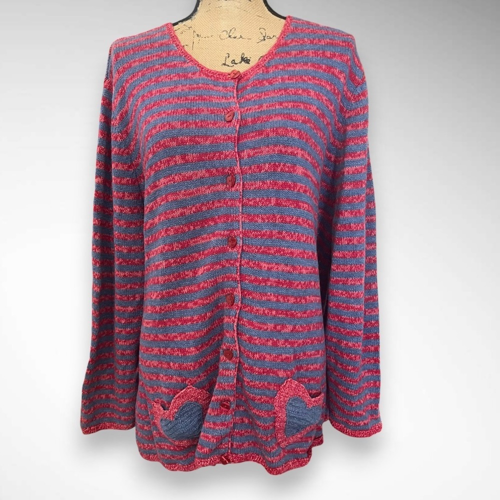 C.J. BANKS Vintage Hand Embroidered Blue Red Striped Sweater With Hearts Pockets